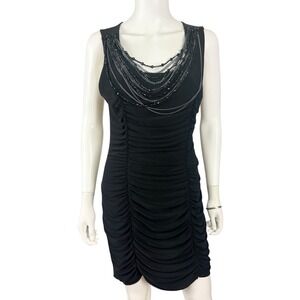 Cache Beaded Ruched Bodycon Cocktail Dress Black Vintage Y2K Glam McBling L